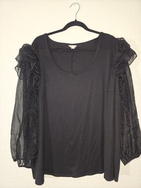 Cato Black Long-Sleeve Top with Sheer Ruffle Sleeves
